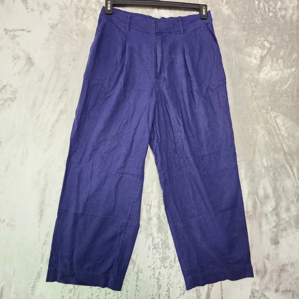 A New Day Navy Blue Linen Blend Wide Leg Pleated Trousers Size 8 Regular